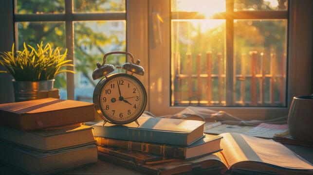 Books and Alarm Clock on Desk in Sunlight