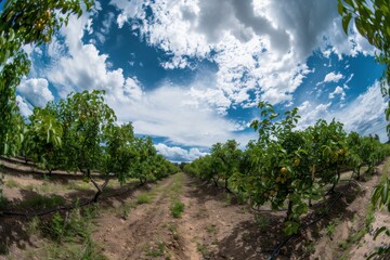 Naklejka premium A vibrant orchard filled with lush green trees bearing fruit under a partly cloudy blue sky, showing the beauty of nature and agricultural abundance on a sunny day.