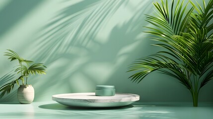 Obraz premium Serene Green Interior with Tropical Plants and Minimalist Decor