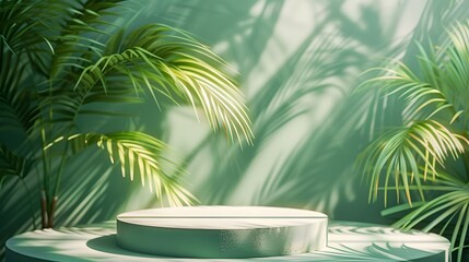 Obraz premium Minimalist Green Display Pedestal Surrounded by Lush Tropical Foliage