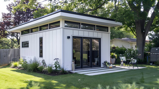 A contemporary white backyard shed with a flat roof, large doors, and surrounded by greenery