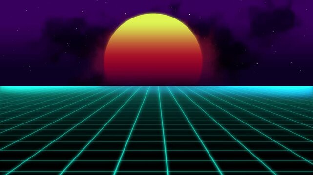 4K Synthwave 80s style retro background video. Sci-fi seamless animation