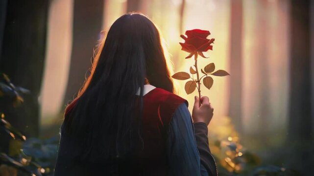 Sunset Magic: Medieval Woman from Behind Holding Red Flower in Enchanted Sunlit Forest