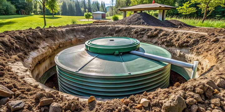 A close-up image of a septic tank in a backyard , septic system, sewage, waste, underground, plumbing, maintenance