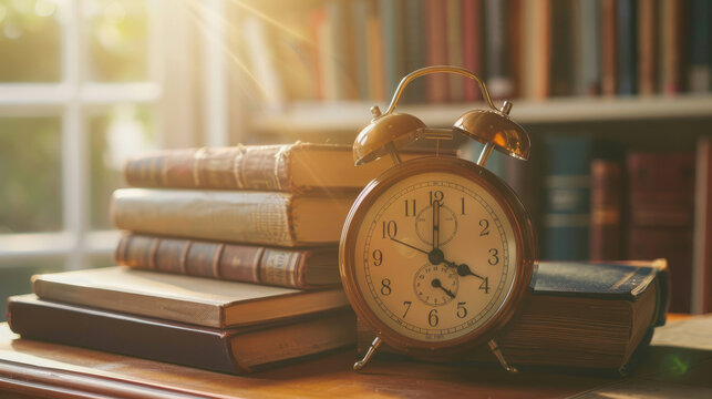 Books and Alarm Clock on Desk in Sunlight
