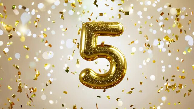 Golden number 5 on a light background surrounded by confetti and sparkles