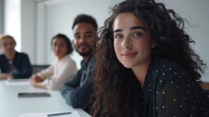 Obraz premium Woman at meeting table for sales growth, marketing, or company strategy with coworkers. Plan, vision, and CEO, manager, or employee with paperwork in boardroom.