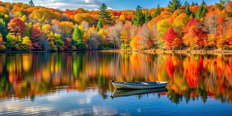 Autumn lake fishing boat with vibrant fall foliage reflecting on calm water, autumn, lake, fishing, boat, fall, foliage