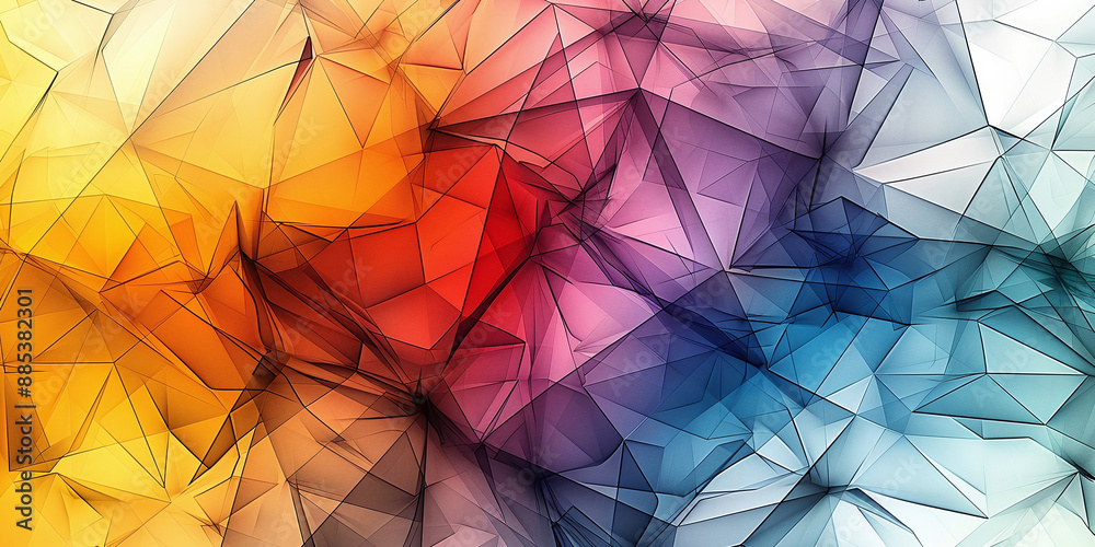 Wall mural A vibrant abstract composition featuring geometric triangles in a line art style. The intricate, multicolored pattern creates a dynamic and modern visual effect.
