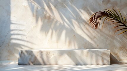 Minimalist Concrete Bench with Palm Shadows in Sunlit Space