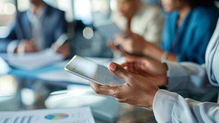 Corporate project planners in conference room with digital tablet and documents. Using technology, documents, and teamwork to create a statistical report.