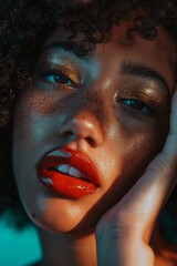 Red lipstick, shadow, and makeup on beauty, afro, or natural hair black woman in studio. Face of aesthetic female model with skin glow, shine, and lip color for art, power, and skincare.