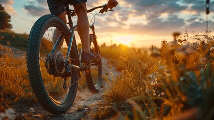 Obraz premium Sports, cycling, and rural bicycle training, workout, and exercise in nature. Fitness, cyclist, and mountain biker for freedom, adventure, and dirt road riding