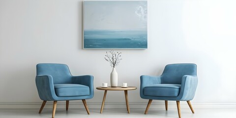 Two blue chairs wooden table vase cups on table ocean painting. Concept Furniture, Home Decor, Art, Interior Design, Ocean Art