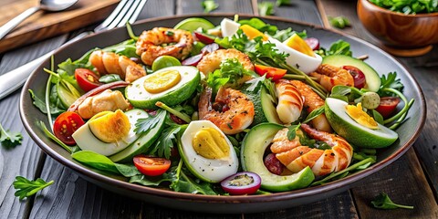 Egg with avocado, shrimp salad, or grilled fish on a bed of greens, food, healthy, salad, delicious, fresh, colorful, appetizer