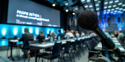 An empty hall for event planning, convention, and workshop with microphone, public speaking, and conference setup. Corporate business, marketing strategy, or announcement closeup, banner