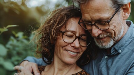On vacation, senior couple, park and portrait with smile, hug, or love in summer sunshine, Happy elderly man and woman in garden, nature, or vacation with hug