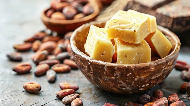 Cocoa butter in bowl with cacao beans around