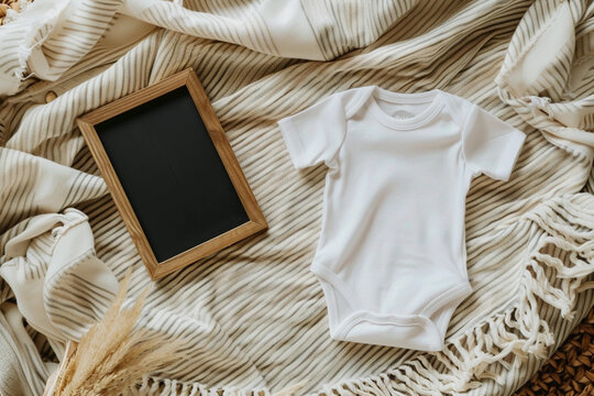 White baby onesie mockup with a a blank wooden letter board on a striped beige blanket, modern pregnancy announcement concept