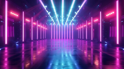 Empty stage, blue and pink, purple neon, modern conceptual background. Rays of searchlights, light, modern conceptual tunnel, corridor