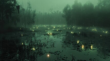 A dark and foggy swamp with eerie glowing lights and mist