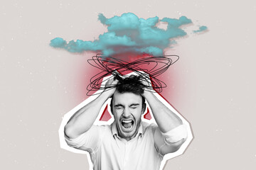 Composite photo collage of angry man tear hair psychological problem work stress deadline business...