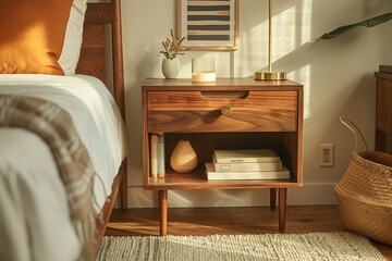 Mid-century modern bedside table with drawer and open storage, solid wood with brass legs, placed next to a bed against white walls, featuring books and creating a cozy bedroom ambiance.