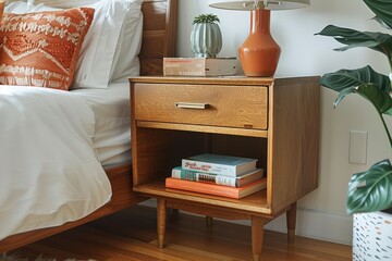 Mid-century modern bedside table with drawer and open storage, solid wood with brass legs, placed next to a bed against white walls, featuring books and creating a cozy bedroom ambiance.