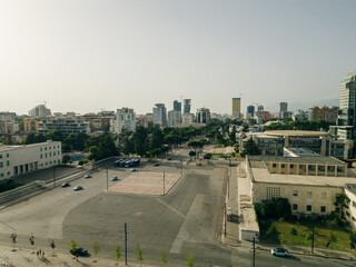 Sunset over Tirana Albania, aerial city panoramic view