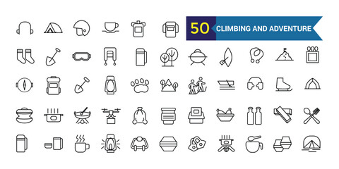 Climbing and adventure line icon set. Outline icon collection. Editable vector stroke.