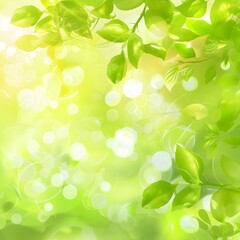 Spring green background with lush leaves and sunlight filtering through branches