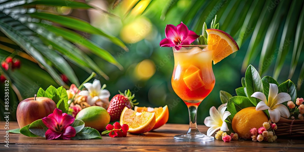 Poster Cocktail garnished with fruit and flowers on a tropical background, Cocktail, drink, alcohol, tropical, exotic, refreshing