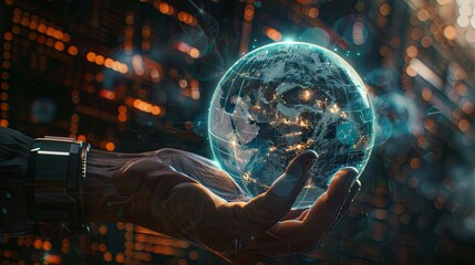 Hand holding Global network connection to big data around the world.a nd tecnology internet metaverse concept 