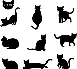 cat draw silhouette vector illustration collection. black silhouette on a white background showing various cat poses. ideal for pet themed designs