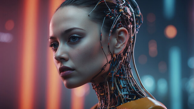 The girl's head is a robot. Technologies of the future and present.