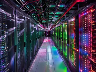 Fototapeta premium Futuristic Data Center with Holographic Displays and Secure Server Racks showcasing Cutting-Edge Technology and Safety Measures