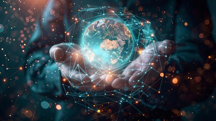 Hand holding Global network connection to big data around the world.a nd tecnology internet metaverse concept 