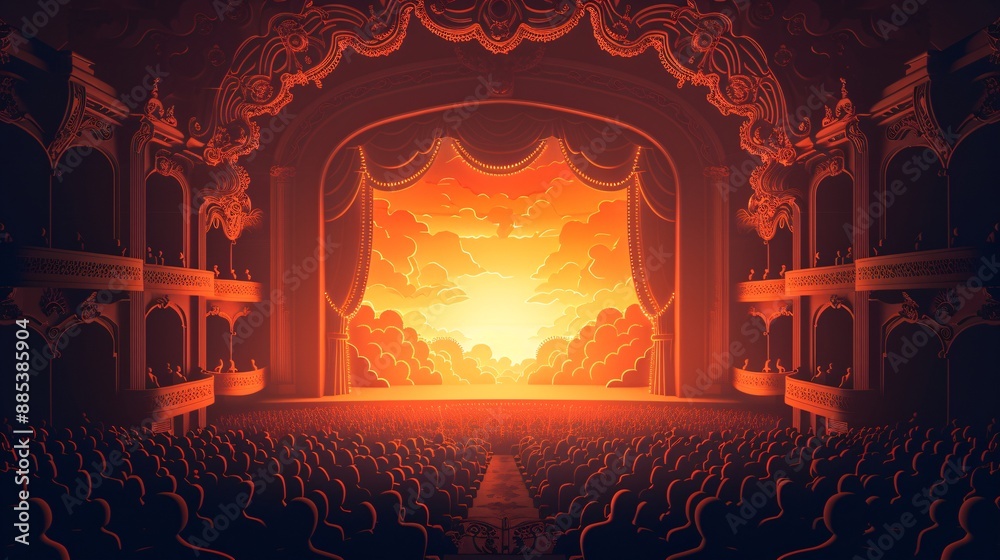 Aufkleber artistic depiction of a broadway theater in paper cut style with a crowd waiting to see a show showc