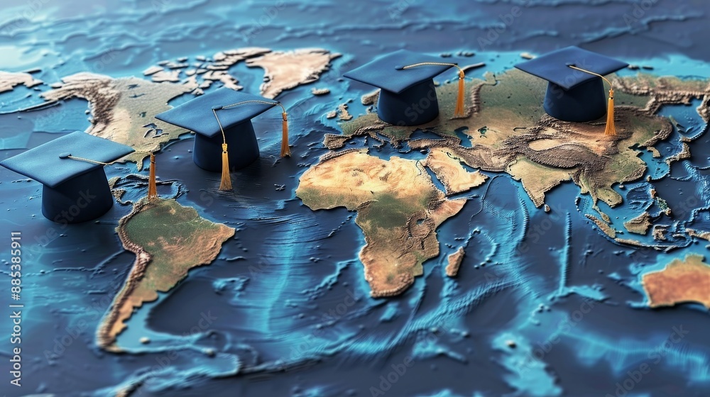 Wall mural worldwide wisdom global graduation caps map celebrating international education and cultural exchang