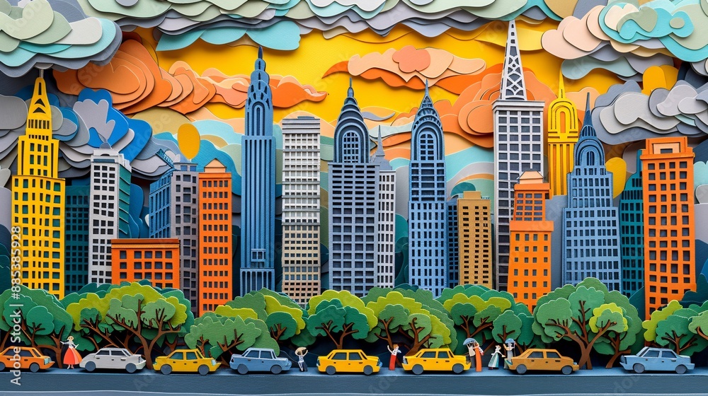 Aufkleber artistic depiction of a broadway theater in paper cut style with a crowd waiting to see a show showc