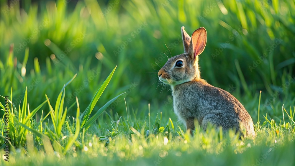 Sticker Rabbit sitting in tall green grass, rabbit, grass, wildlife, nature, animal, furry, cute, fluffy, outdoors, wild, mammal