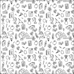 Childrens school doodle elements background. Education stationery supplies, building, globe, books and other student accessory seamless pattern.