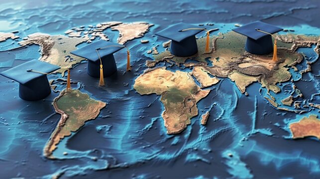 Worldwide Wisdom Global Graduation Caps Map Celebrating International Education and Cultural Exchange