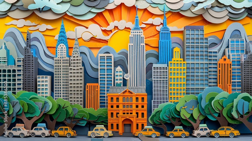 Aufkleber artistic depiction of a broadway theater in paper cut style with a crowd waiting to see a show showc