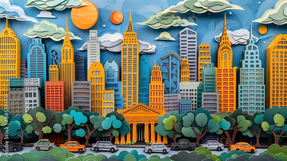 Aufkleber artistic depiction of a broadway theater in paper cut style with a crowd waiting to see a show showc