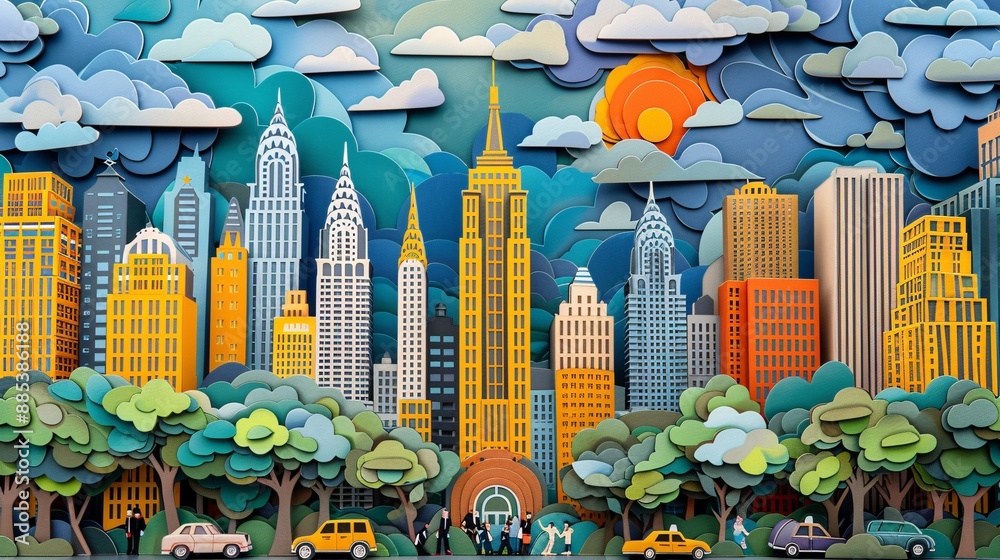 Aufkleber artistic depiction of a broadway theater in paper cut style with a crowd waiting to see a show showc