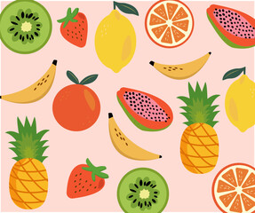 Fruits flat background set colourful