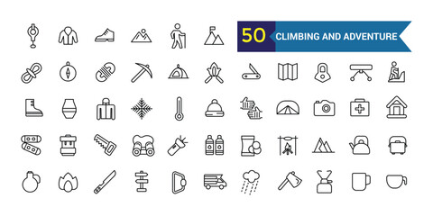 Climbing and adventure line icon set. Outline icon collection. Editable vector stroke.