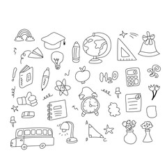 Childrens school doodle elements set. Education stationery supplies, school building, globe, books and other student accessory icons.