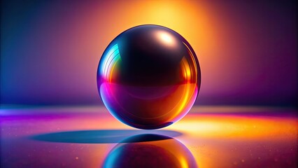 Dark-colored gradient sphere floating on holographic purple and orange background, gradient, sphere, floating, holographic